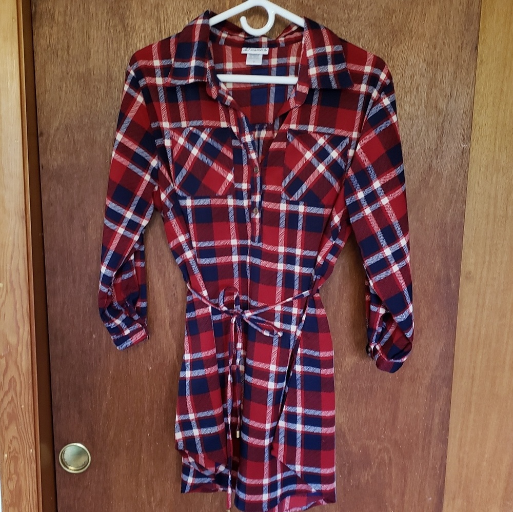 Maternity Plaid 3/4 Sleeve Blouse with Tie